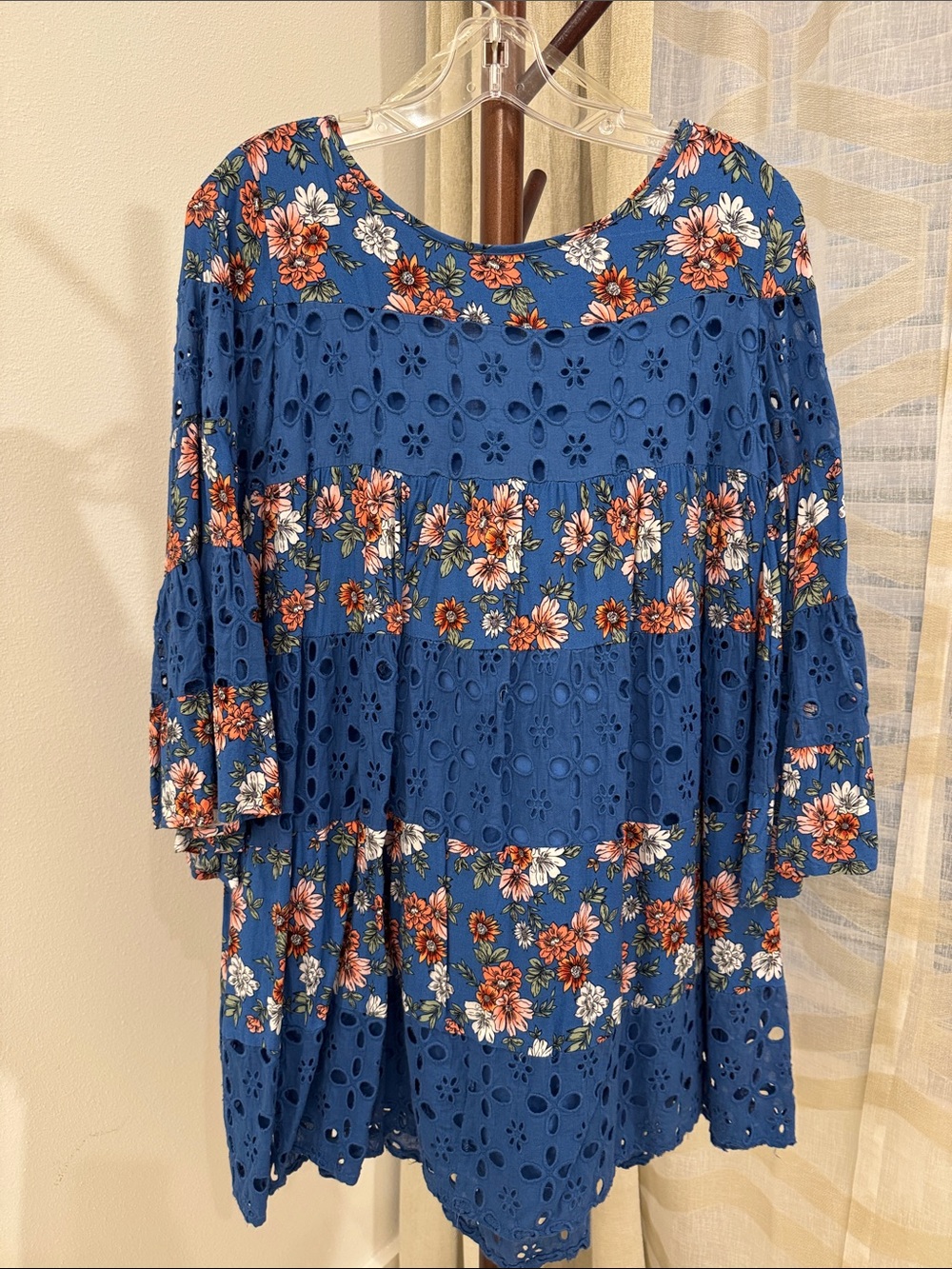 Blue Floral Eyelet Tiered Tunic